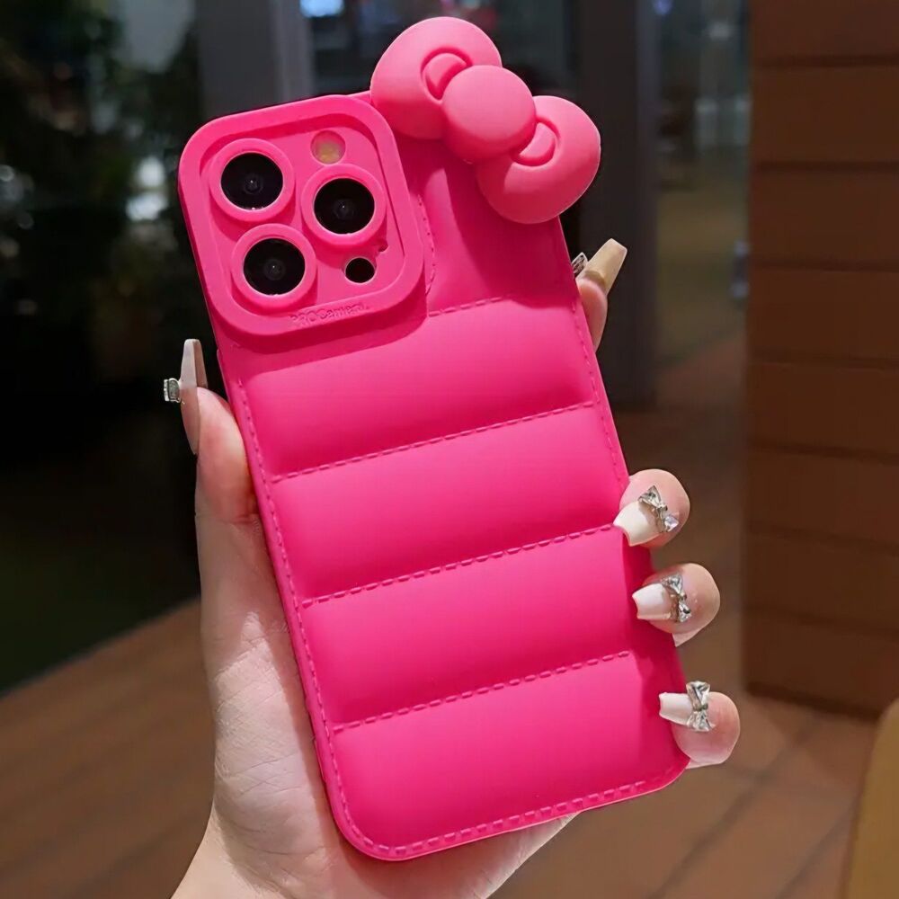 Hot pink silicone iPhone‎ 15 pro cell phone case with bow